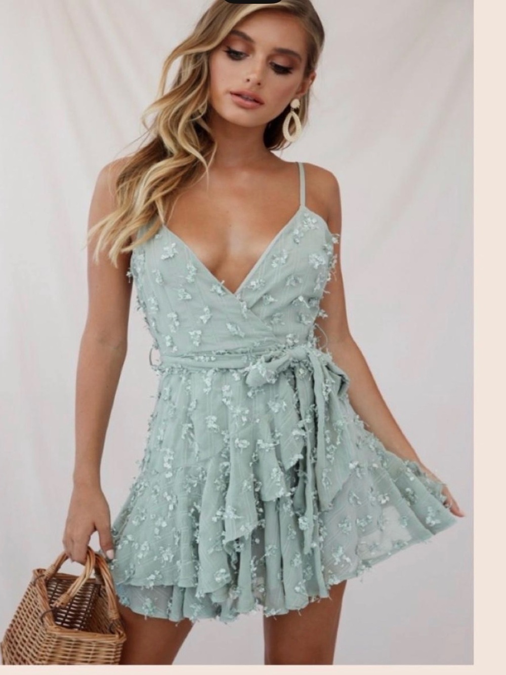 Selfie Leslie Sage Green Embroidered Wrap Mini Romper